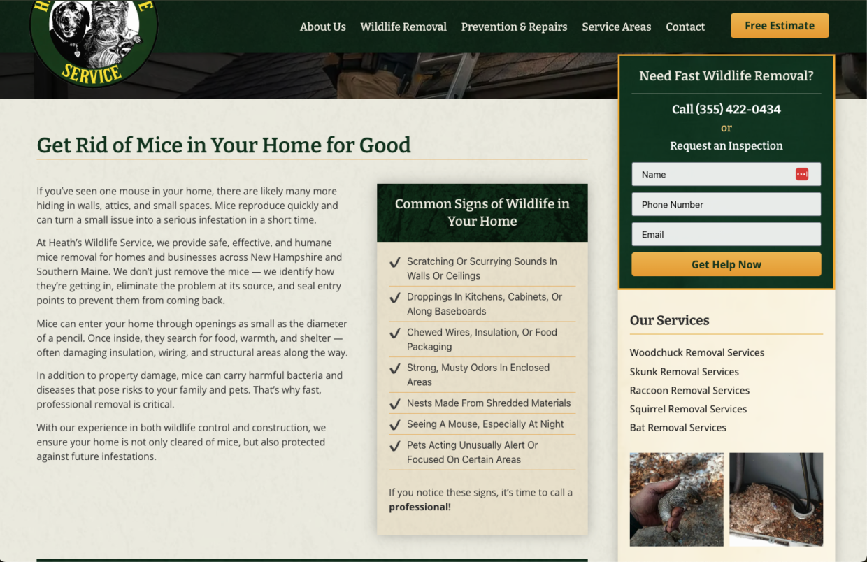 Mice removal service page for Heath’s Wildlife Service featuring professional mouse control solutions, signs of a rodent infestation, wildlife exclusion services, and a contact form for homeowners in New Hampshire and Southern Maine.