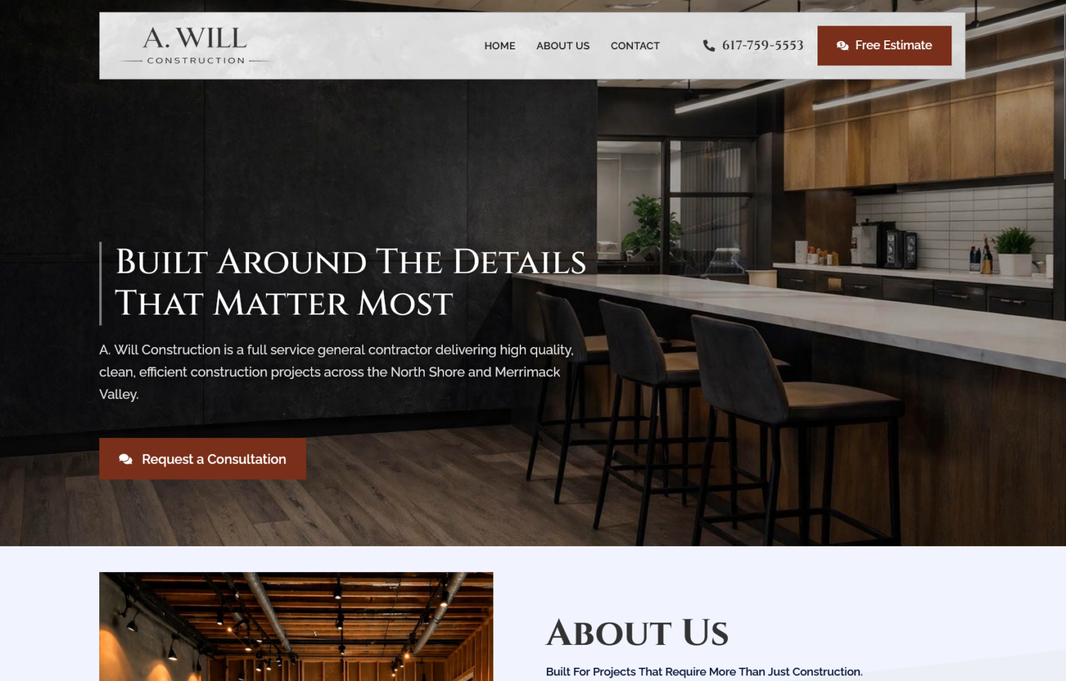 General contractor website homepage showcasing custom construction, renovations, and remodeling services throughout the North Shore and Merrimack Valley with a focus on craftsmanship and detail.