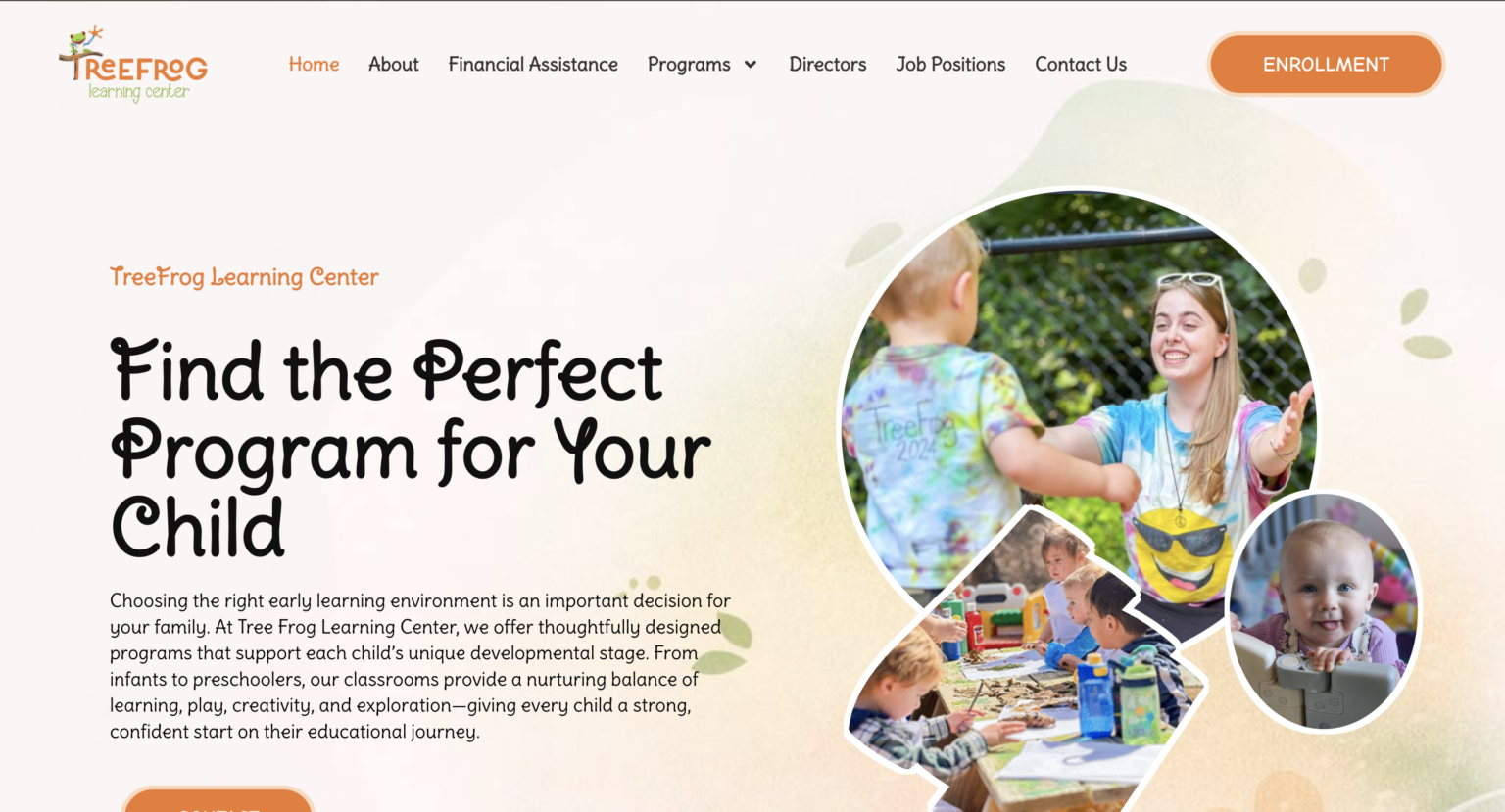 Custom website design for Treefrog Learning Center featuring program enrollment, childcare information, financial assistance resources, and a welcoming experience for families across all devices.
