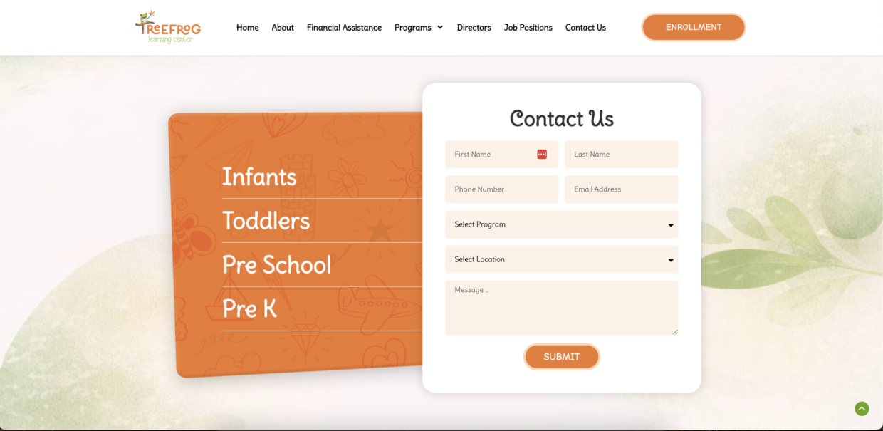 Custom contact and enrollment inquiry page for Treefrog Learning Center featuring age-specific program selection, location-based enrollment forms, and a family-friendly user experience.