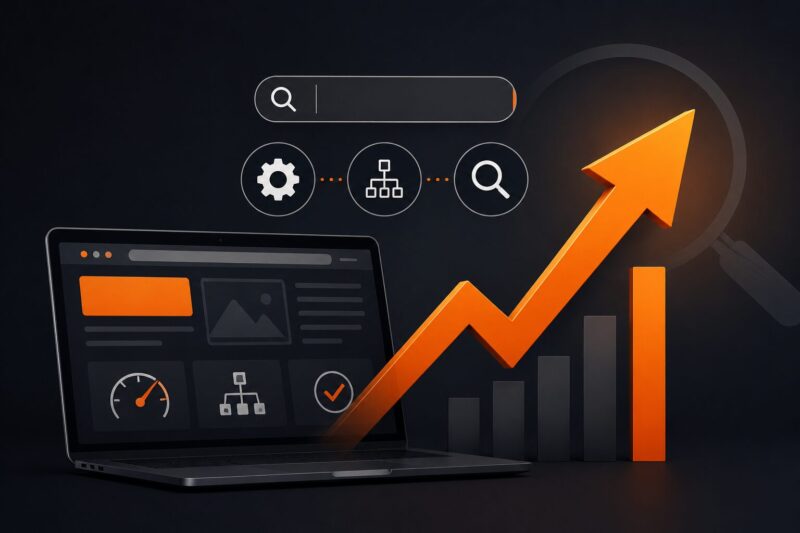 Minimalist illustration of a laptop with SEO analytics, an upward orange growth arrow, and search optimization icons representing technical SEO, website performance, and AI search visibility.